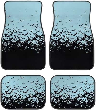 Aqua Black Bat Print Funny Halloween Car Floor Mats 4 PCS, Cute Durable Interior Accessories for Car SUV, All Weather Floor Mats with Front Rear Trunk Liners Set for Party