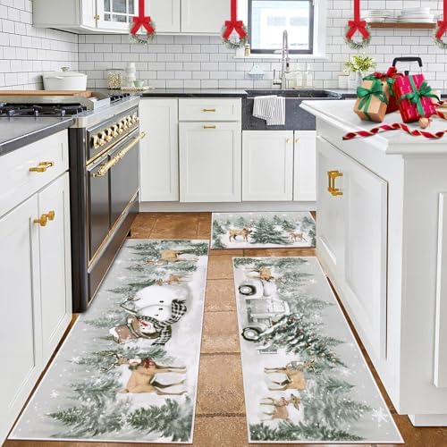 U'Artlines Christmas Kitchen Rugs and Mats Set of 3,Xmas Tree Snowman Deer - Image 4