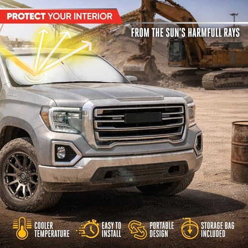 Motor Trend Custom Fit GMC Sierra & Chevy Silverado Windshield Sun Shade - Fits All (2014-2018) Trims - Car Windshield Sunshade Sierra & Silverado Accessories - Automotive Interior Protection