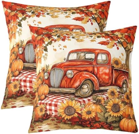 Fall Truck Pillow Case Covers 2 Pack 22"x 22",Sunflower Pumpkin Car Thanksgiving Day 2 Reversible Print Pillow Covers,Autumn Maple Leaves Farmhouse Throw Sofa Pillow Covers by Manfei