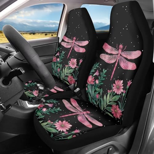 Talayituse Dragonfly Flower Leaf Print Car Seat Covers Full Set of 2 Vehicle Protector Front Seats Covers Stretchy Washable Car Accessories Bucket Seat Cover