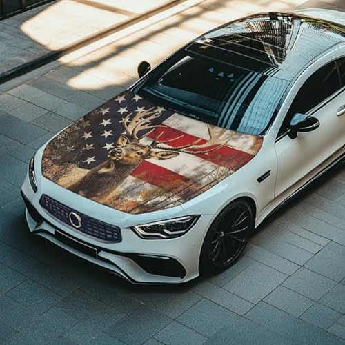 Stars and Stripes Elk Car Hood Cover Banner Car Bonnet Protection Cover Elastic Fabrics Polyester，Can be Washed Auto Decoration