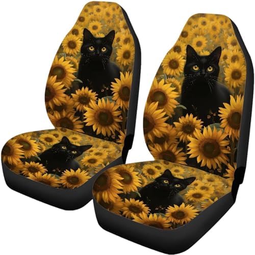 Black Cat Sunflower Print Print 4pcs Car Seat Covers Universal Bucket Seat Covers with Front Rear Split Bench Protector Covers Fits for Most Sedan Truck Auto Interior Accessories