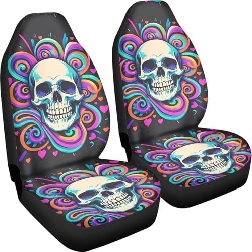 2 Pcs Car Seat Covers Full Set, Trippy Swirl Skull Front Split Bench Seat Covers for Cars, Hippy Colorful Spiral Skull Universal Seat Cover for Sedan, SUV, Truck