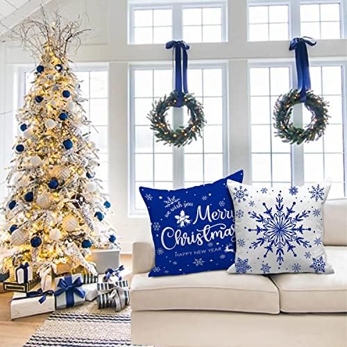 Lanpn Christmas Throw Pillow Covers 20x20 Set of 4, Merry Christmas Winter Xmas Snowflake Decorative Holiday Cushion Pillow Cases 20 x 20 for Outdoor Indoor Farmhouse Home Room Couch Decor (Blue) - Image 5