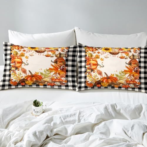 Thanksgiving Bed Sheets Fall Pumpkin Mushrooms Bedding Sheets Full Brown Buffalo Plaid Sheet Set,Autumn Harvest Season Fitted Sheet + Flat Sheet + 2 Pillow Cases,Fall Decorations For Home Bedroom - Image 5