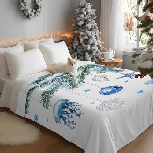 DecorLovee Blue Coastal Christmas Blanket 40"x60", Reversible Xmas Botanical Throw Blanket for Couch/Bed, Nautical Starfish Lightweight Soft Throw Blanket for Boys, Warm Fuzzy Blankets for Winter - Image 3