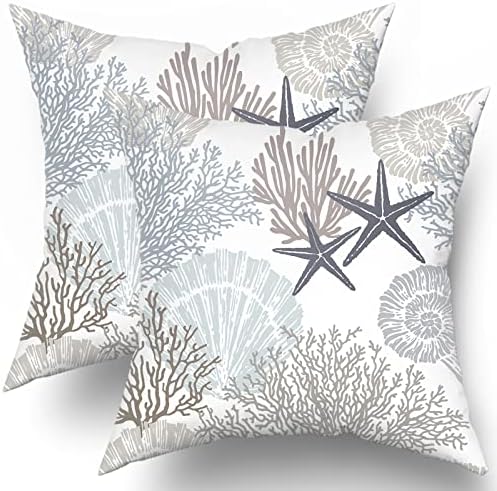 Sweetshow Ocean Coral Pillow Covers 18x18 Inch Nautical Coastal Throw Pillows Set of 2 Beach Seashell Starfish Pillow Case Soft Cotton Square Cushion Covers for Home Couch Sofa Patio Bedroom, Brown by Sweetshow