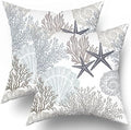 Sweetshow Ocean Coral Pillow Covers 18x18 Inch Nautical Coastal Throw Pillows Set of 2 Beach Seashell Starfish Pillow Case Soft Cotton Square Cushion Covers for Home Couch Sofa Patio Bedroom, Brown by Sweetshow
