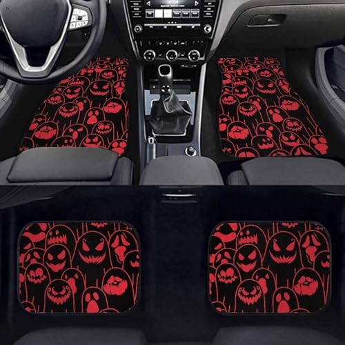 Red Black Ghost Print Funny Halloween Car Floor Mats 4 PCS, Cute Durable Interior Accessories for Car SUV, All Weather Floor Mats with Front Rear Trunk Liners Set for Party