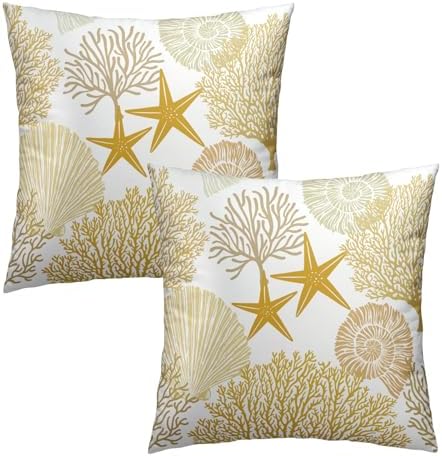 Summer Ocean Themed Nautical Coastal Throw Pillow Covers 18X18 Inches Set of 2 Yellow Seashell Starfish Coral Pillowcase Soft Cotton Square Cushion Covers for Home Sofa Patio Bedroom Decoration - Image 2