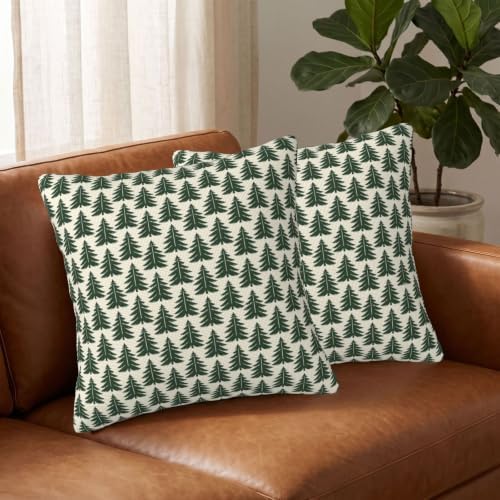 Green Boho Christmas Tree Pillow Covers 22x22 Set of 2 Winter Holiday Decor - Image 3
