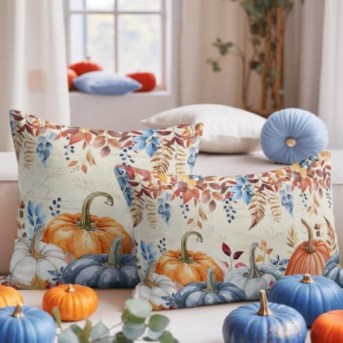 JasmineM Farmhouse Orange Blue Pumpkin Pillow Covers 18x18 Inch Set of 2, Thanksgiving Autumn Decorations Indoor Outdoor Throw Pillows, Orange Blue Linen Pillowcases for Patio Sofa Couch Bedroom - Image 5