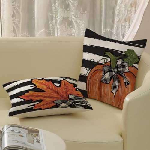Fall Pillow Covers 20x20 Set of 2 Orange Pumpkin Maple Leaves Stripes Fall Decor Pillowcase Autumn Harvest Decorative Outdoor Throw Pillow Covers Linen Thanksgiving Cushion Case for Sofa Home - Image 4