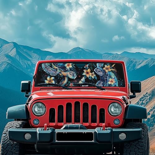 Renewold Boho Sea Turtle Flower Car Windshield Sun Shade Auto Front Window Sunshade Keep Vehicle Cool Sun Visor Shield Fit for Jeep Wrangler JK JKU JL 2/4 Door Jeep Gladiator JT Block UV Heat Sunlight