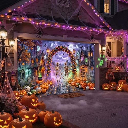 Halloween Garage Door Cover 8x7ft Dancing Skeleton Pumpkin Arch Ghost Decor - Image 6