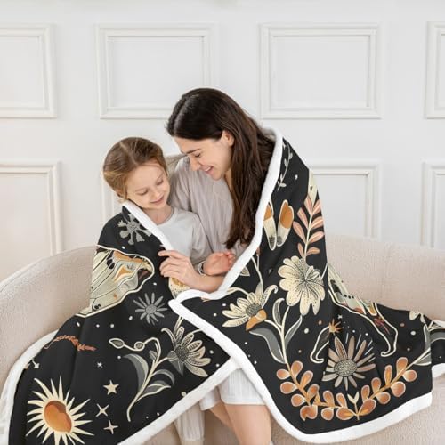 Butterfly Moth Throw Blanket Boho Floral Mushrooms Fleece Flannel Blankets Kids Boys Girls Room Decor Galaxy Starry Bed Blankets for Bed Sofa Couch Black Light Yellow Plush Blanket Queen 90"x90" - Image 2