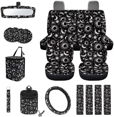 Celestial Sun Moon Stars Print Car Seat Covers 15Pcs Full Set Car Steering Wheel Cover Seat Belt Cover Trash Bin Air Vent Storage Box Rear View Mirror Car Cup Holder Keychain