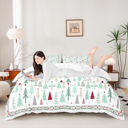 Merry Christmas Kids Duvet Cover Set Queen Size,Cartoon Pine Trees Rustic Farmhouse Bedding Set,Girls Boys Adults Room Decor,Snowflake Xmas Holiday Comforter Cover,Colorful Quilt Cover,2 Pillowcases - Image 2