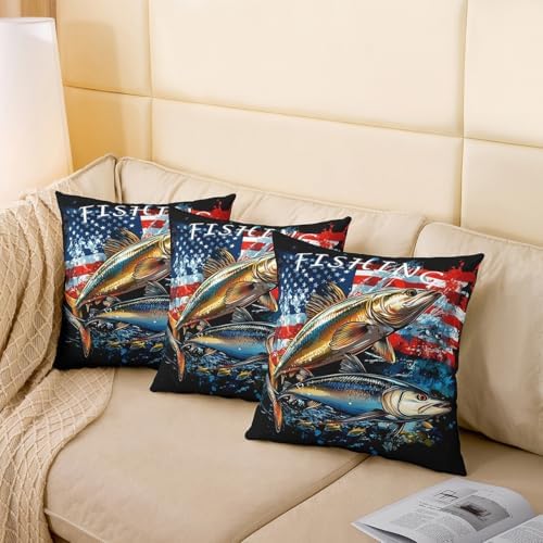 Manfei Fishing Reversible Print Pillow Covers 18"x18" Pack of 2,Lodge Bass Fish Rustic Lake Animal Throw Cushion Covers,Red Blue American Flag Hippie Graffiti Couch Pillow Covers - Image 4