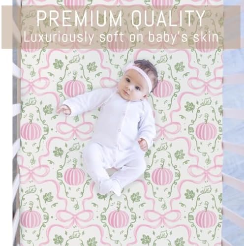 Fall Pink Pumpkins Bows Gingham Baby Crib Sheets for Girls Autumn Thanksgiving Harvest Soft Snug Fitted Crib Mattress Covers for 52''x28'' Standard Crib & Toddler Mattress Halloween Bed Sheets - Image 2
