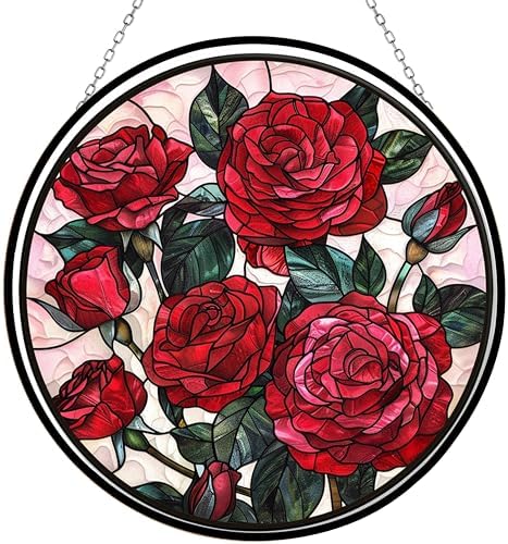 Valentine Rose Stained Glass Window Hanging Suncatcher, Gothic Christmas Ornaments for Fiction Lovers, Dinosaur Room Decor for Nursery New Home Gifts by HYPESTYLE