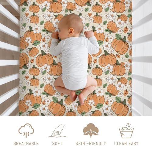 Fall Pumpkins Boho Floral Baby Crib Sheets for Boy Girl Autumn Pumpkin Girly Flowers Soft Snug Fitted Crib Mattress Covers for 52''x28'' Standard Crib & Toddler Mattress Thanksgiving Harvest Bed Sheet - Image 3