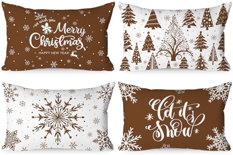 Lanpn Christmas Throw Pillow Covers 12x20 Set of 4, Merry Christmas Winter Xmas Snowflake Decorative Holiday Cushion Pillow Cases 12 x 20 for Outdoor Indoor Farmhouse Home Room Couch Decor (Brown) by Lanpn