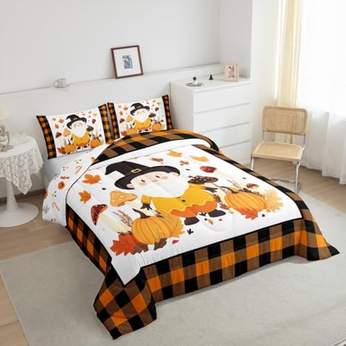 Erosebridal Cute Gnome Kids Bedding | Fall Twin Comforter Sets,Farmhouse Plaid Buffalo Grid Comforter Thanksgiving Autumn Leaves Duvet Insert with 1 Pillow Case - Image 5