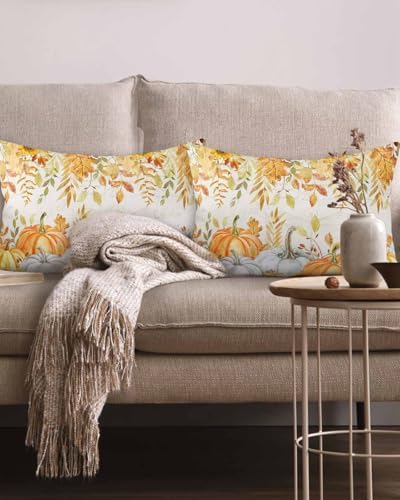JasmineM Fall Pumpkin Pillow Covers 12x20 Inch Set of 2, Thanksgiving Decorations Vintage Leaves Outdoor Throw Pillow Covers, Autumn Holiday Square Pillowcases for Patio Sofa Couch Bedroom Decorative - Image 2