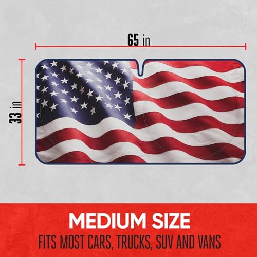 Motor Trend USA Americana Flag Car Windshield Sun Shade for Front Window, Foldable Car Sun Shade with Patriotic Graphic, Collapsible Sun Visor Sunshade for Cars Windshield (Medium 65" x 33")