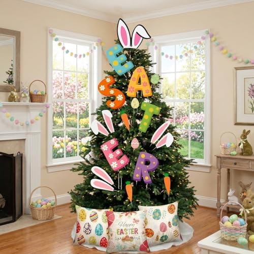 HunnmingRe 19 Pcs Easter Decorations Tree Ornament Large Bunny Ear Tree Topper Easter Egg Pillow Covers Rabbit Ear Picks Carrot Ornaments for Home School Office Spring Party Decor by HunnmingRe