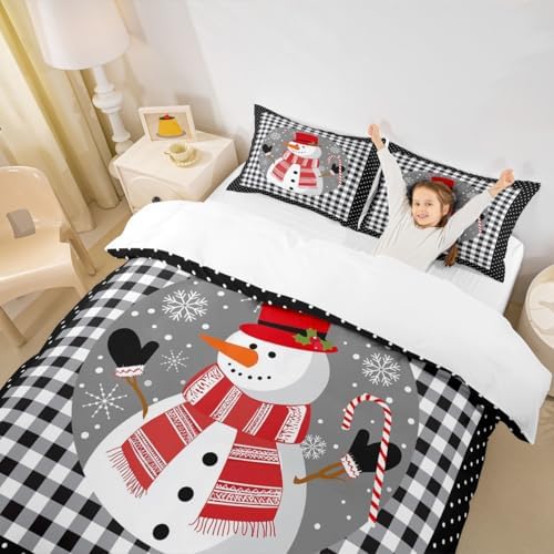 Cute Snowman Kids Duvet Cover Set Twin Size,Merry Christmas Snowflake Xmas Bedding Set,Girls Boys Adults Room Decor,Geometric Grids Dots Fashion Comforter Cover,Black White Quilt Cover,1 Pillowcase - Image 3
