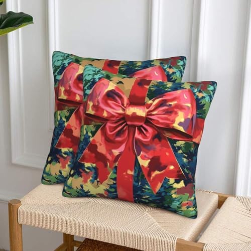 Christmas Bow Art Theme Throw Pillow Covers 18x18 inch Set of 2 Pillow Case Cushion Cover for Home Sofa Couch Living Room Car Decor - Image 4