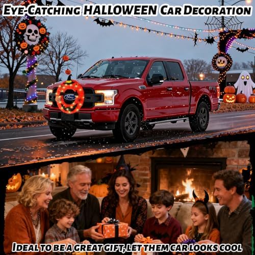 Lighted Halloween Car Wreath, 13" Artificial LED Car Wreath with Pumkin,Spider,Bat and Jack-O-Lantern for Front Grill, Light Powered Halloween Wreath Decor Fits Jeep Truck SUV RV and Golf Cart