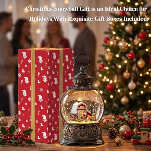 Christmas Snow Globes Christmas Water Lantern with Carriage Red barn Farm Scene Music & 6H Timer USB Lined/Battery Operated Lighted Lanterns for Xmas Festival Decoration - Image 6