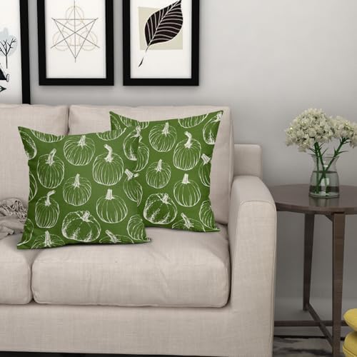 Green Fall Pumpkin Pillow Covers 16x16 Set of 2 Autumn Themed Thanksgiving Cream Print Decorative Throw Pillows Outdoor Pillowcase Farmhouse Linen Cushion Case Decor for Home Sofa Couch Bed - Image 7