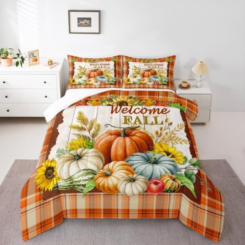 Homewish Fall Pumpkin Comforter Set Full Size, Orange Gingham Quilt - Image 3