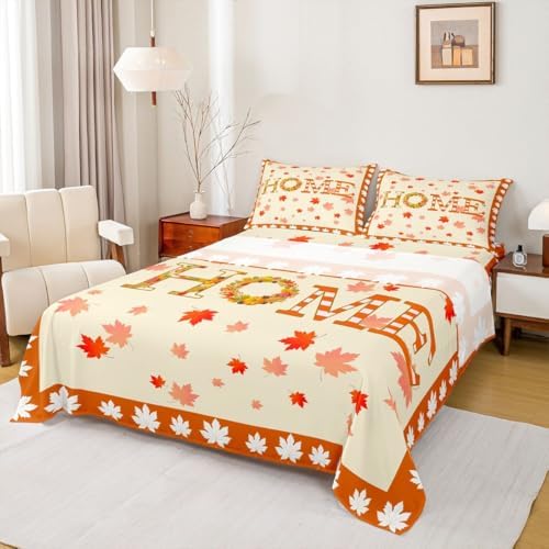 Erosebridal Fall Decor For Bedroom,Maple Leaf Pumpkin Wreaths Bed Sheets Full Thanksgiving Sheet Set Home,Rustic Farmhouse Bedding Fitted Orange Flat 2 Pillow Cases by Erosebridal
