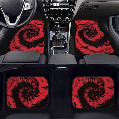 Red Black Tie Dye Bat Print Funny Halloween Car Floor Mats 4 PCS, Cute Durable Interior Accessories for Car SUV, All Weather Floor Mats with Front Rear Trunk Liners Set for Party
