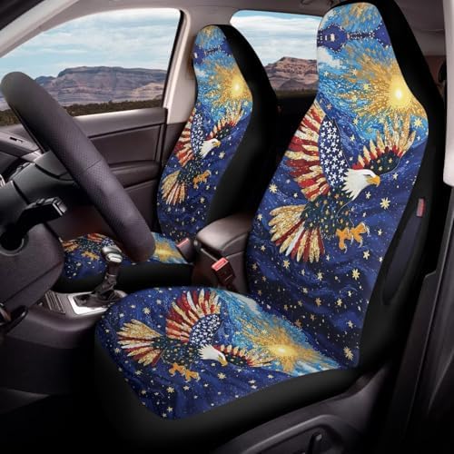 Bulopur Eagle American Flag Front Seat Car Covers Set of 2 Anti-Scratch Waterproof Auto Bucket Covers with Side Airbag Vehicle Cushion Cover Universal for Most Cars SUV Truck