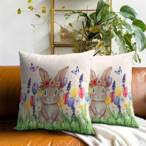 Easter Bunny with Flower Wreath Throw Pillow Covers 20X20 Inches Set of 2 Spring Colorful Tulip Butterflies Pillowcase Soft Cotton Square Seasonal Cushion Covers for Living Room Sofa Bedroom Decor - Image 7
