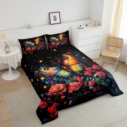 Feelyou Butterfly Bedding Set Twin Size Rose Comforter Set for Kids Boys Girls Star Print Comforter Starry Sky Duvet Set - Image 3
