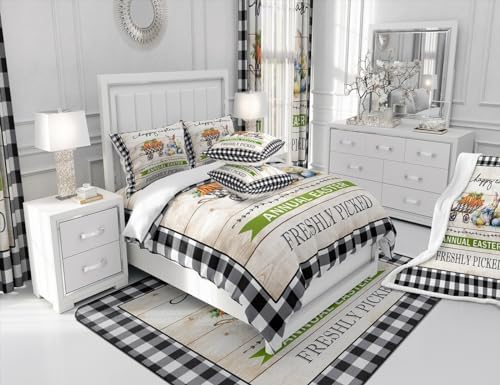 Homewish Easter Rabbit Comforter Set Twin Size,Watercolor Carrot Eggs Flower Bedding Set for Kids Girls Boys Adult Room Decor,Rustic Farmhouse Quilt Set Black White Plaid Duvet Insert,1 Pillowcase - Image 6