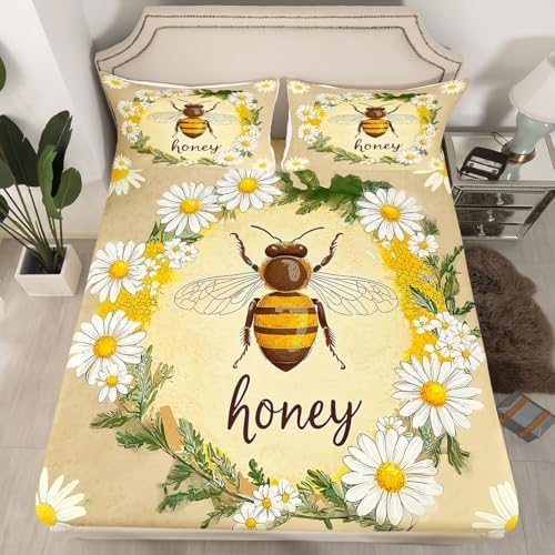 Erosebridal Kawaii Honey Bee Bedding Set Twin Cute Geometric Honeycomb Bed Sheets Farm Rustic Daisy Sheet Set for Kids Girls Teen Women,Soft Honey Bee Fitted Sheet + Flat Sheet + 1 Pillow Case - Image 3
