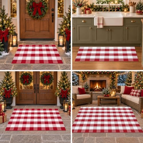 Christmas Red and White Plaid Area Rug 5 x 7 Feet, Cotton Hand-Woven Buffalo Check Rug, Washable Holiday Floor Mat for Living Room, Bedroom and Farmhouse Home Decor - Image 5