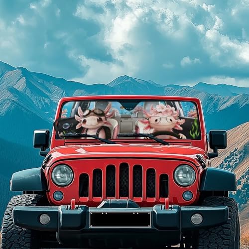 Renewold Car Sun Shade, Windshield Sunshade for Jeep Wrangler JK JKU JL JLU, Block Glare UV Heat Cover, Car Interior Funny Cute Pink Axolotl, Accessories Sun Visor Shield Fit for Jeep Gladiator JT