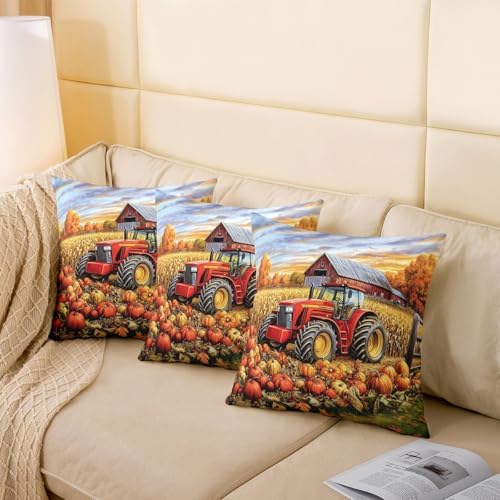 Farm Tractor Pillow Covers Pack of 2,Autumn Harvest Thanksgiving Day Rustic Cabin Double Sides Print Cushion Covers,Orange Pumpkin Marple Trees Wheat Square Couch Pillow Covers,24"x 24" - Image 4