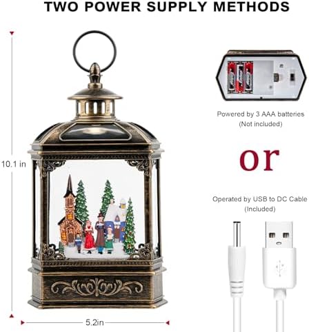 Christmas Snow Globe Lantern Water Glittering Town Home with Carolers, Music & Timer, USB Lined/Battery Operated Lighted Lantern for Christmas Festival Decoration Gifts - Image 6