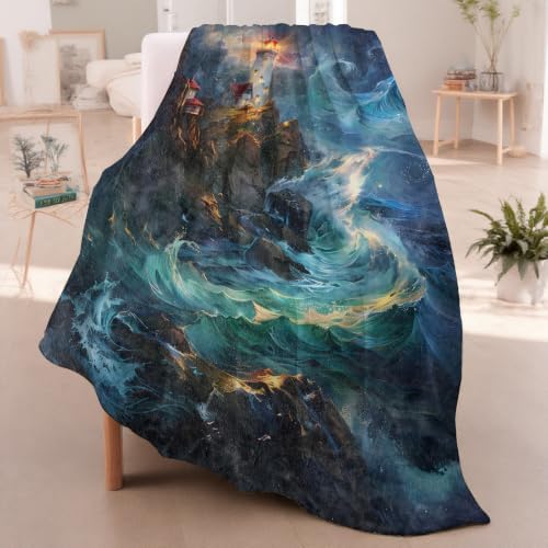Stormy Lighthouse Ocean Waves Throw Blanket Gifts for Women Kids, 60x80in - Image 2